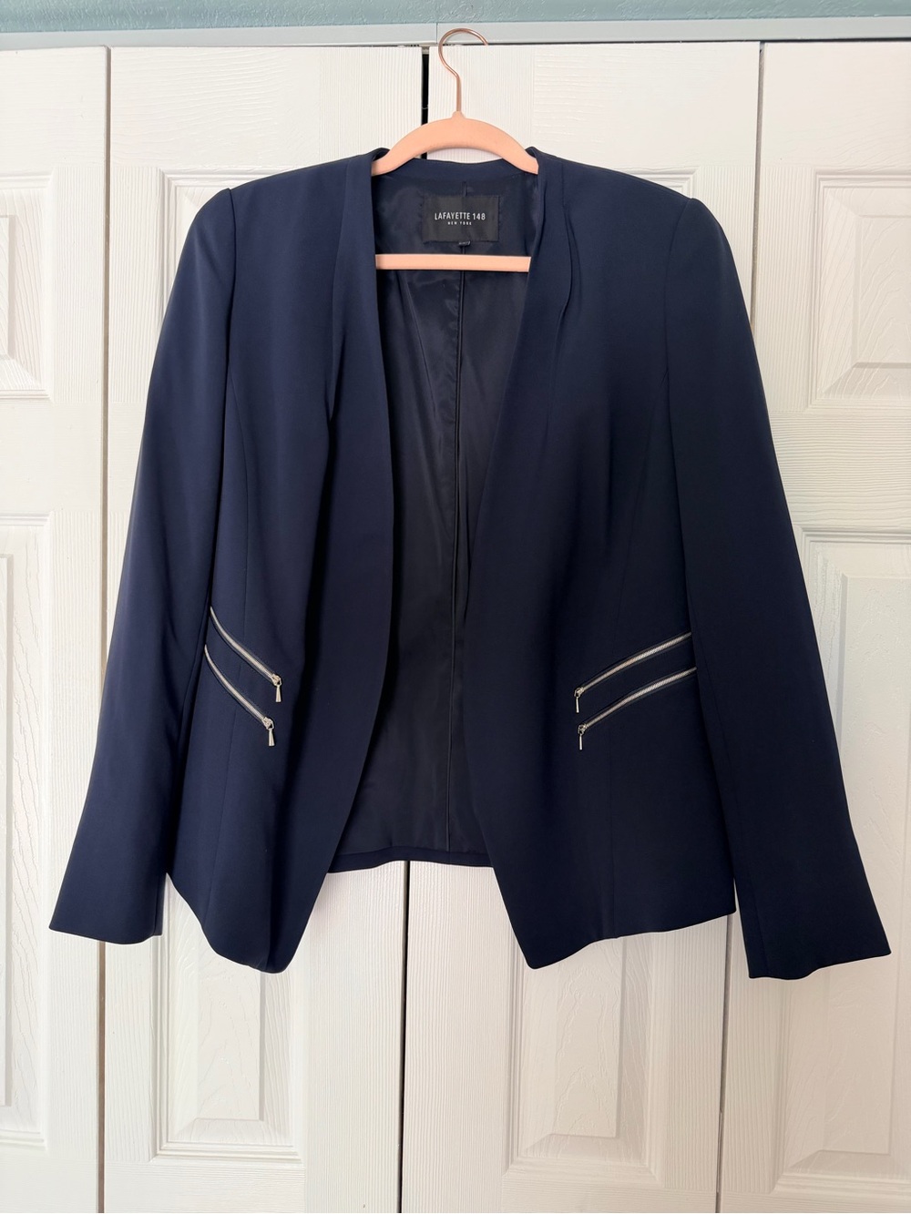 Lafayette 148 New York Navy Open-Front Blazer with Double Zip Pockets
